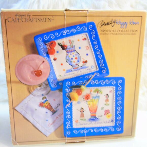 Set (4) ORMSBY Happy Hour TROPICAL PLATES Ceramic Hawaii Jamaica Hurricane Drink - Picture 9 of 10